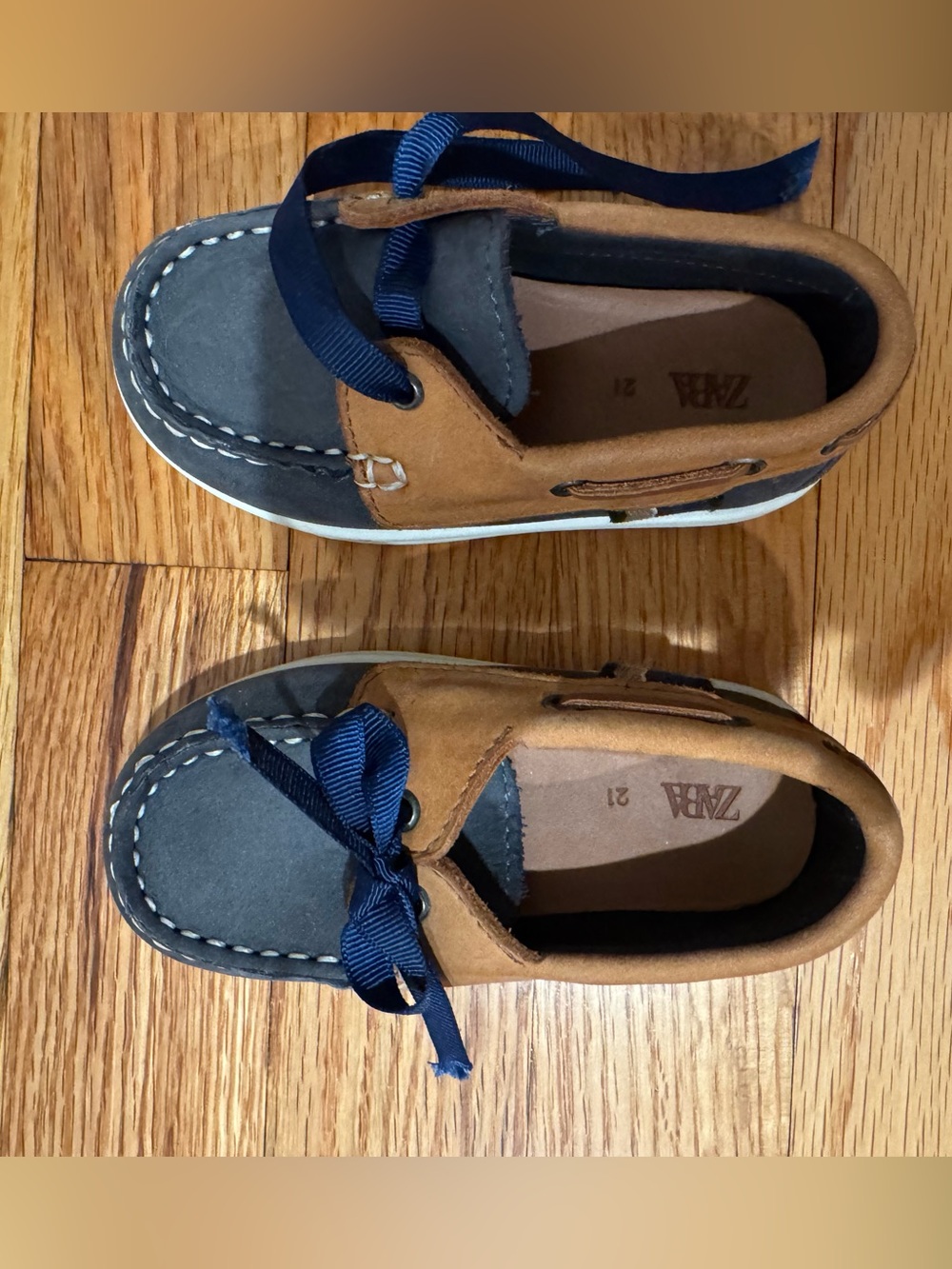 ZARA toddler boy 5.5 Navy Tan Boat Shoes moccasins nautical boating